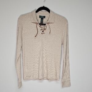 Lauren Ralph Lauren long-sleeve, collared, lace-up polo, Oatmeal, Size M, NEW